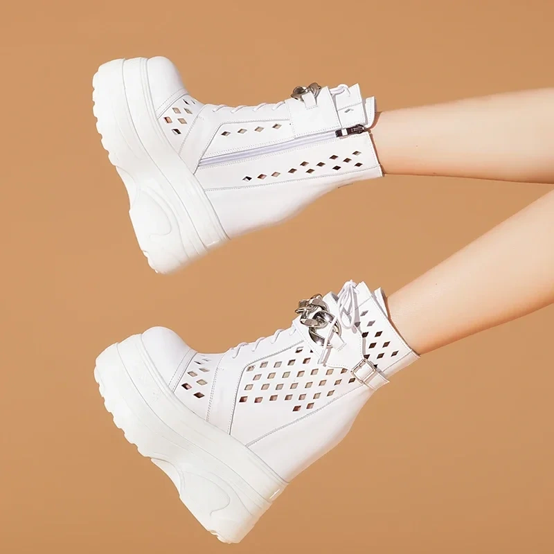 Summer New Slim Height Increasing Platform Chic Metal Chain Belt Buckle Zipper Genuine Leather Women Ankle Short Modern Boots