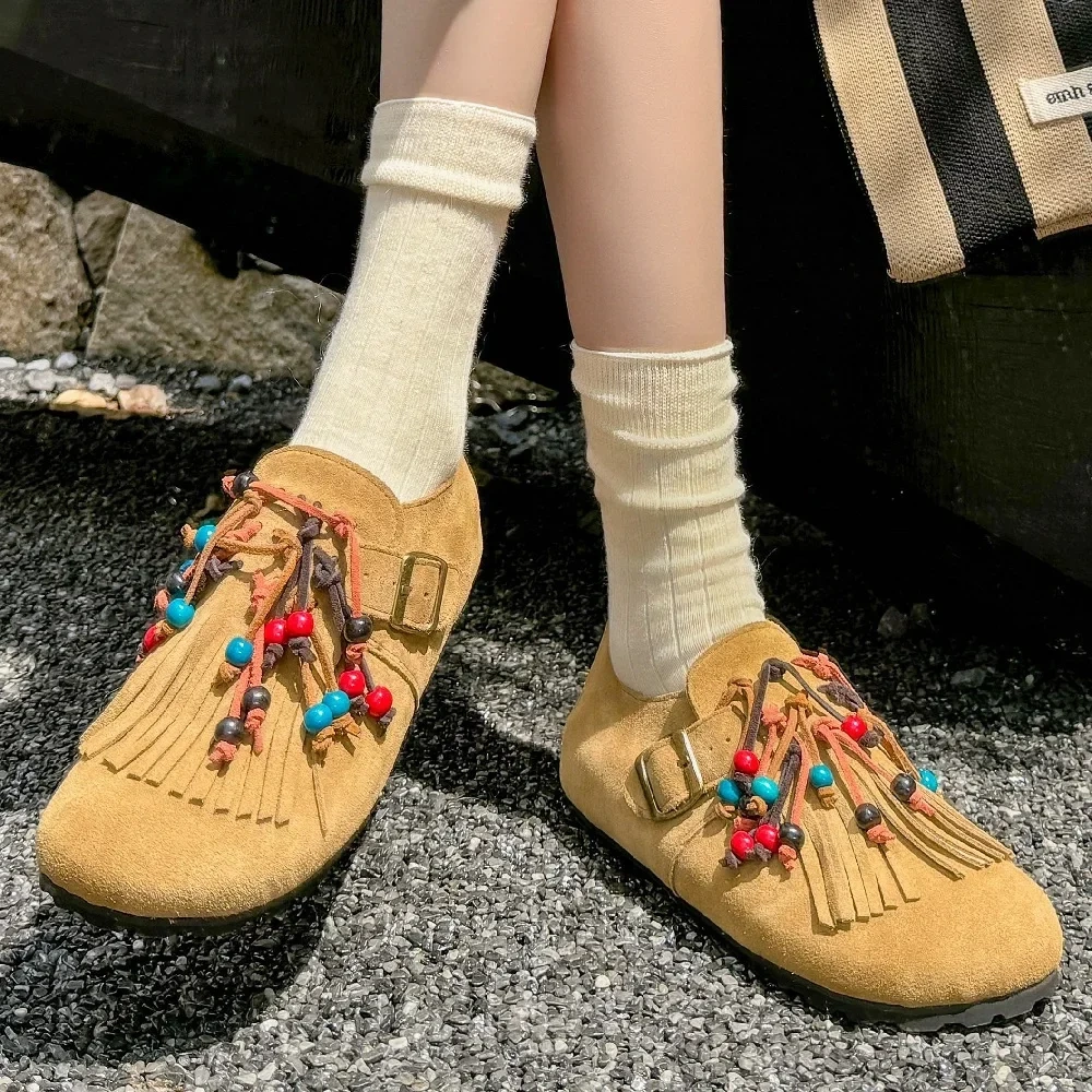 Spring Autumn New Retro Leisure Flat Sole String Bead Fringe Belt Buckle Slip-On Genuine Leather Women Casual Shoes 2411