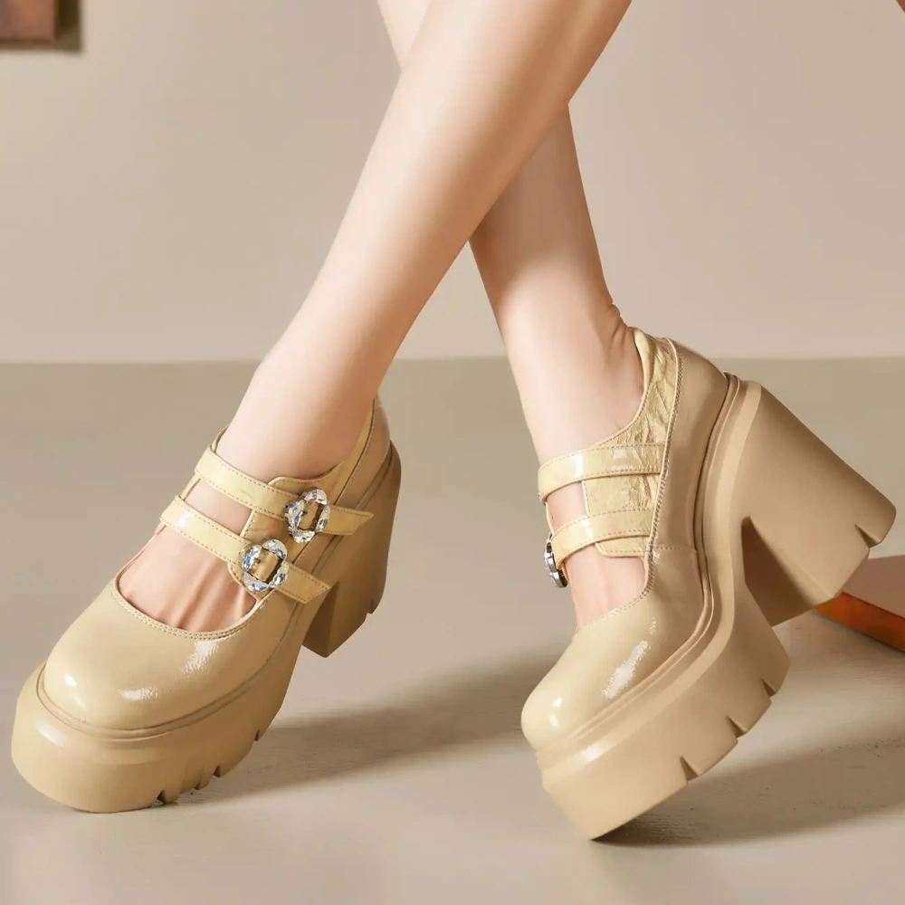 Women 12 CM Chunky Heel Shallow Mouth Spring Summer Real Leather Mary Jane Shoes Rhinestone Buckle Apricot Comfort Pumps 50220