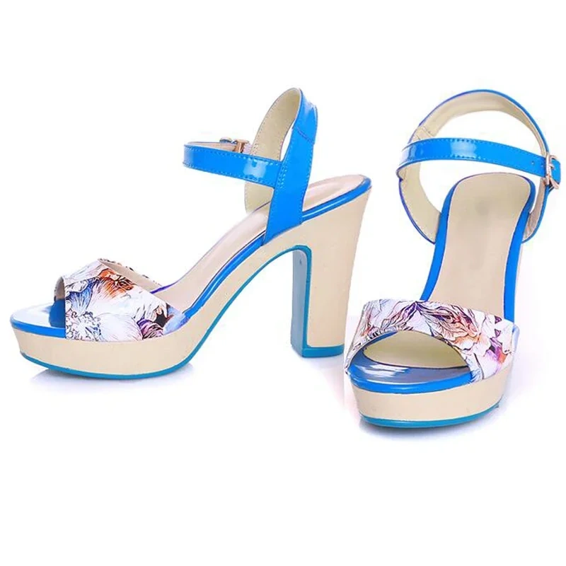 Printed Flowers Patent Leather Thick High Heels Sandals Summer New Blue Open The Toes Sandals Yellow Peep Toe Women Shoes