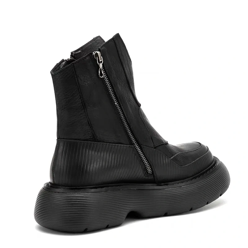 Spring Autumn New British Style Chunky Bottom Platform Sewing Genuine Leather Men High Top Short Motorcycle Boots Winter Plush