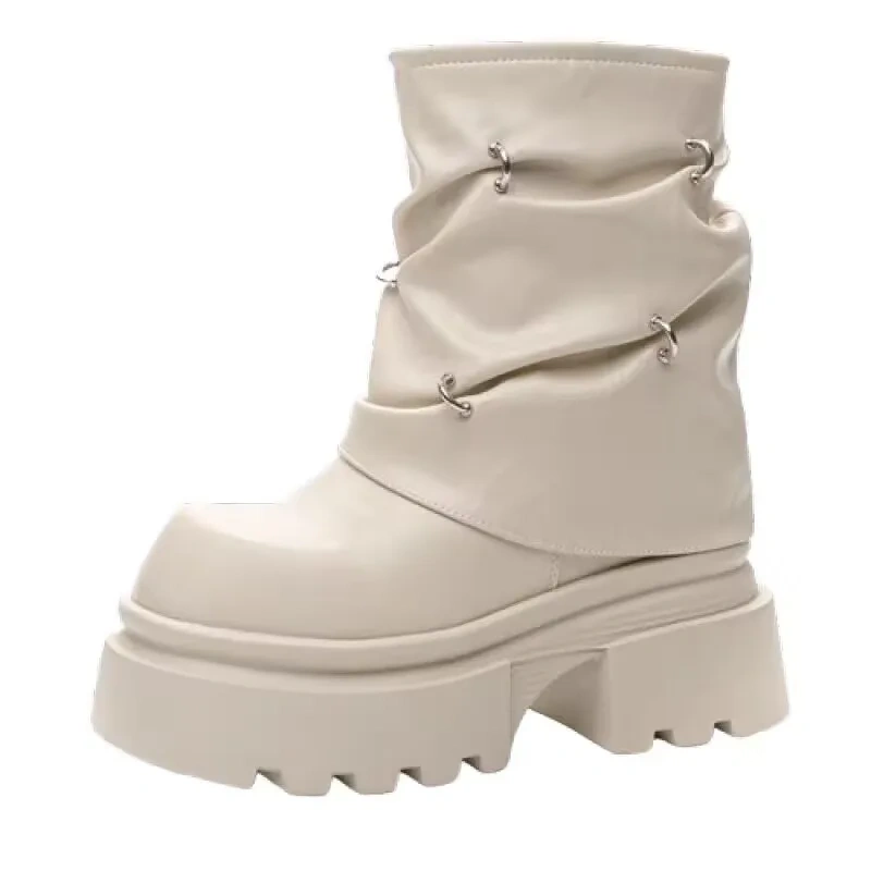 Winter New Punk Style Height Increasing Platform Rivet Plush Inside Genuine Leather Slip-On Women Mid-Calf Foldover Boots 2411