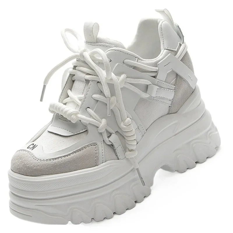 Spring Autumn New Korean Style Slim Height Increasing Platform Cross-tied Genuine Leather Women Casual Shoes Ladies Sneakers
