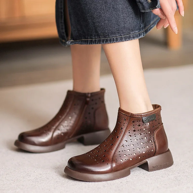 Summer Spring Autumn New British Style Retro Thick Heels Hollow Zipper Genuine Leather Women Ankle Short Equestrian Boots 2406