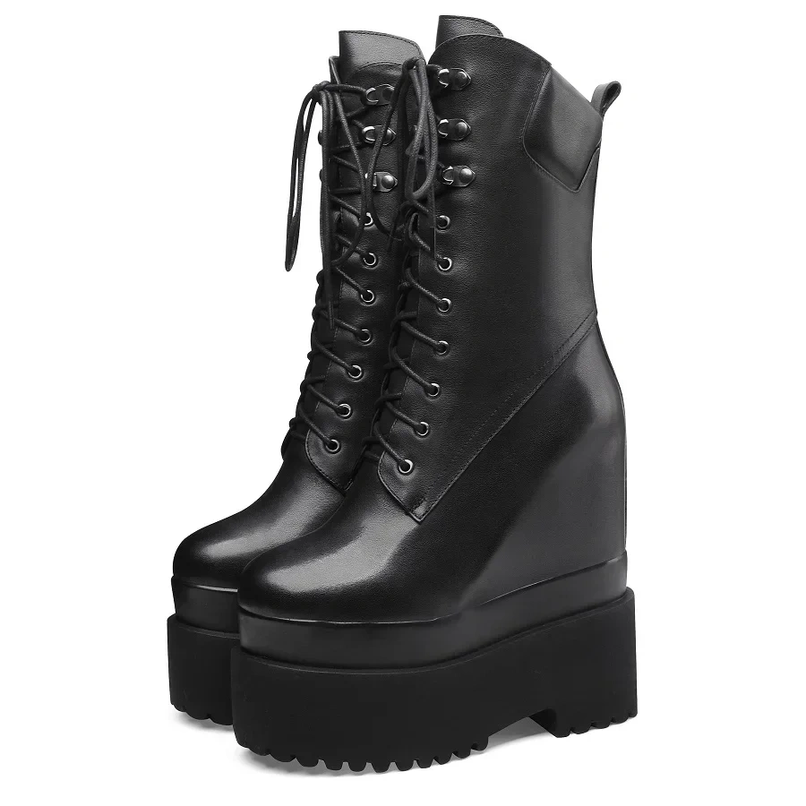 Spring Autumn Winter New British Style Slim Height Increasing Platform Cross-tied Genuine Leather Women Mid-Calf Modern Boots