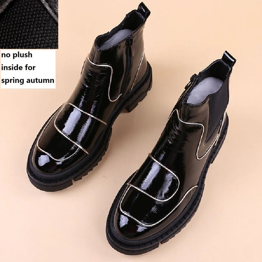 Spring Autumn New British Style Retro Chunky Bottom Platform Patent Leather Men Ankle Short Chelsea Boots Winter Plush 2311