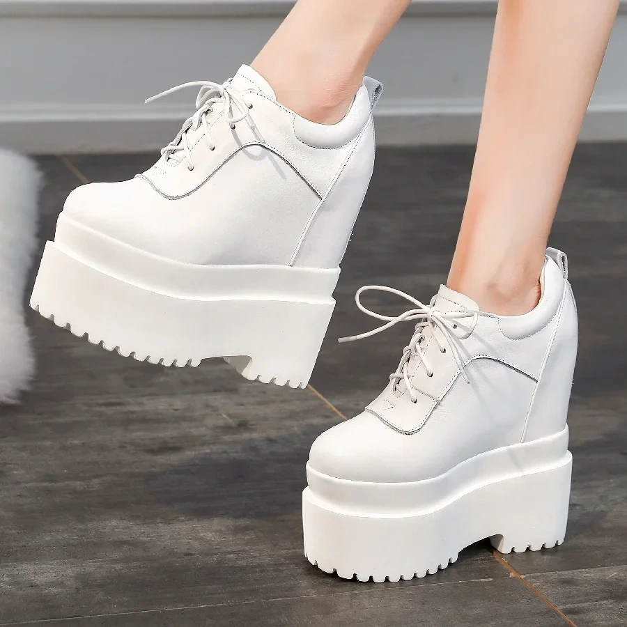 Spring Autumn New Korean Style Slim Height Increasing 16 CM High Heels Platform Lace-Up Genuine Leather Women Modern Pumps 2412