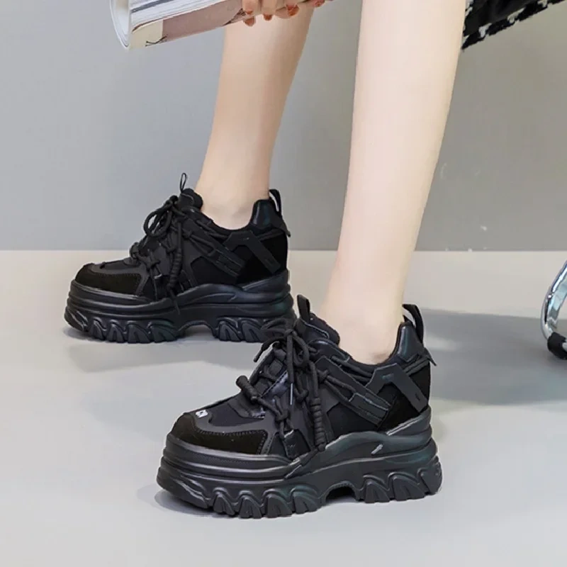 Spring Autumn New Korean Style Slim Height Increasing Platform Cross-tied Genuine Leather Women Casual Shoes Ladies Sneakers