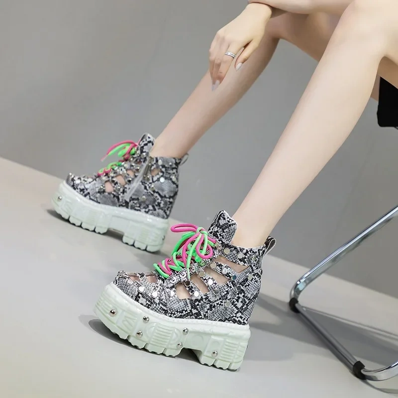 Summer New Slim Height Increasing Platform Wedges Snake Print Cut out Genuine Leather Women Ankle Short Modern Sandal Boots