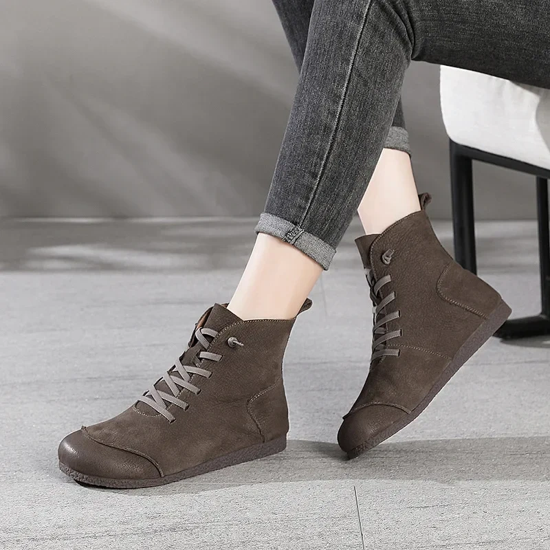 Spring Autumn New Retro Flat Bottom Sewing Cross-tied Patchwork Genuine Leather Women Ankle Short Work Safety Boots Winter Plush