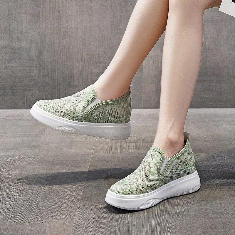 Women Loafers Shoes Summer New Leisure Height Increasing Platform Cut Out Lace Embroidery Slip-On Ladies Lazy Casual Pumps 2304
