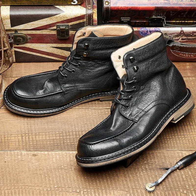 Spring Autumn New British Style Retro Thick Heels Round Toe Sewing Lace-Up Genuine Leather Men High Top Motorcycle Boots 2411