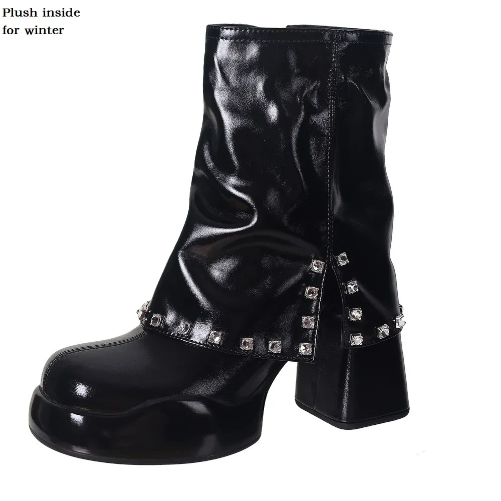 Spring Autumn Winter New Sexy Super High Heels Platform Crystal Rivet Zipper Genuine Leather Women High Top Short Foldover Boots