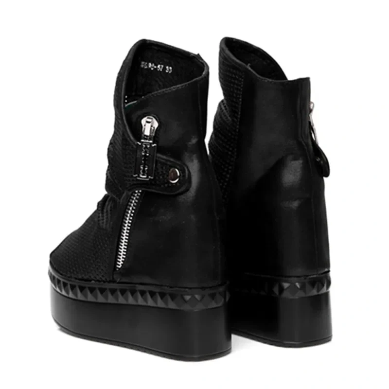 Summer New Fashion Slim Height Increasing Platform Peep Toe Pleated Hollow Flock Zipper Women High Top Short Gladiator Boots 412