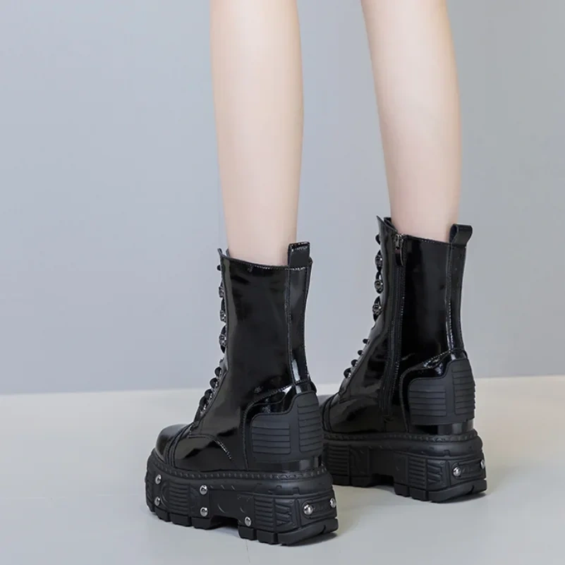 Spring Autumn Winter New Slim Height Increasing Platform Cross-tied Rivet Genuine Leather Women Mid-Calf Half Equestrian Boots