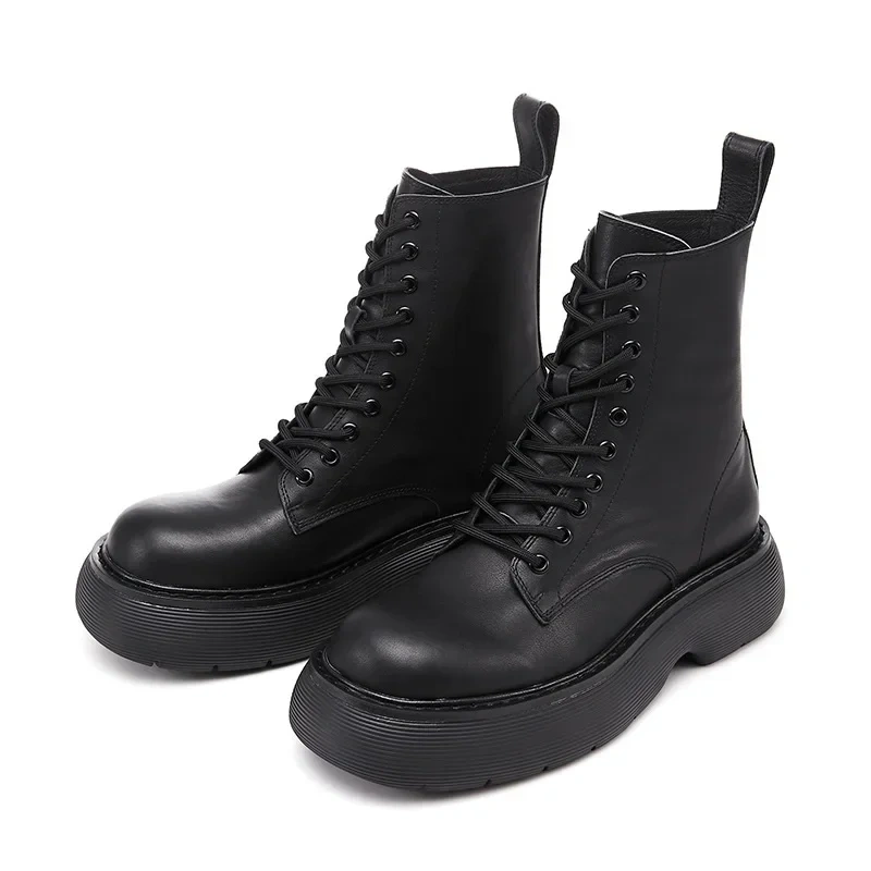 Spring Autumn British Style Chunky Bottom Platform Sewing Cross-tied Genuine Leather Men Mid-Calf High Top Motorcycle Boots 2307