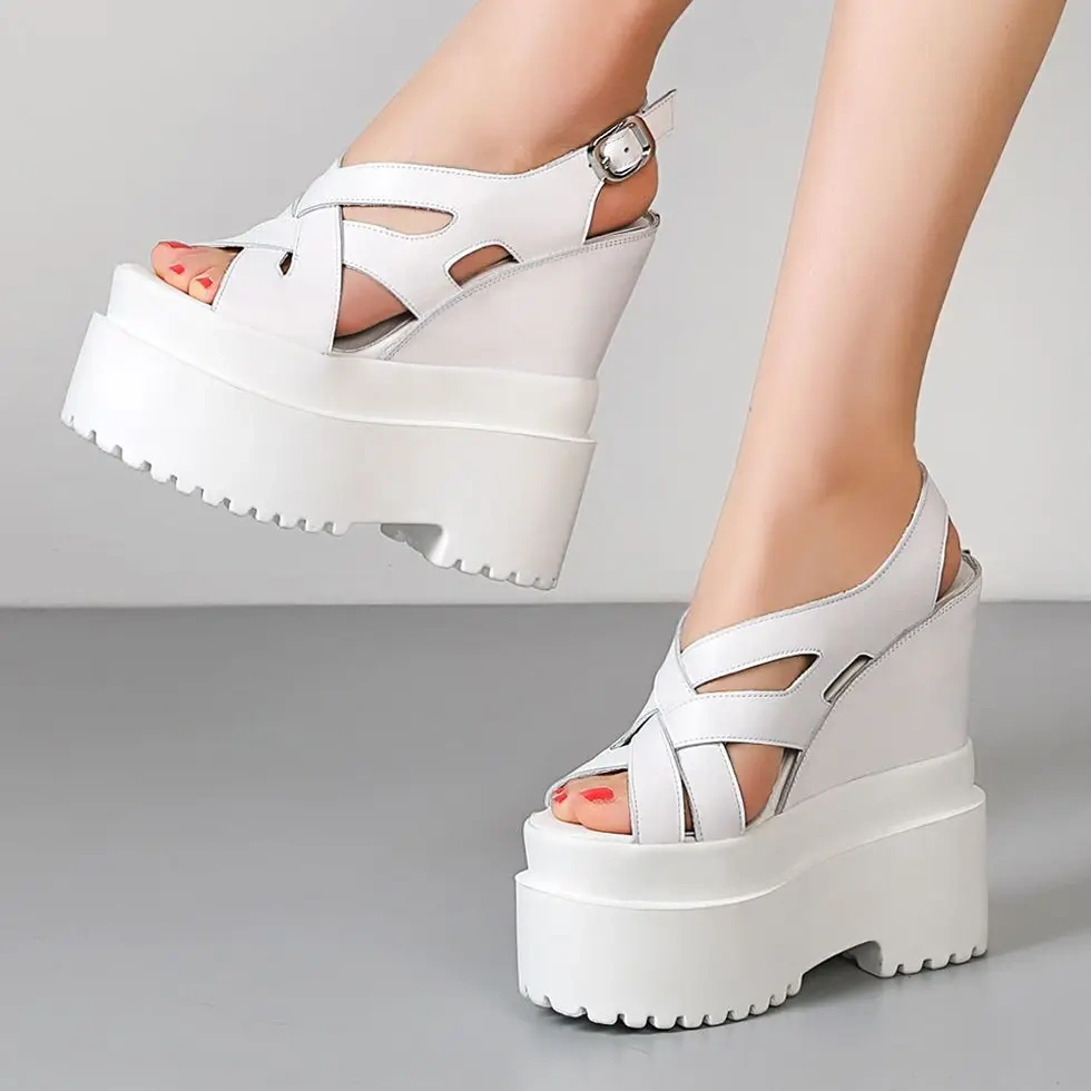 Summer New Retro Super High Wedges Heels Platform Peep Toe Cross-tied Buckle Strap Genuine Leather Women Gladiator Sandals 2305