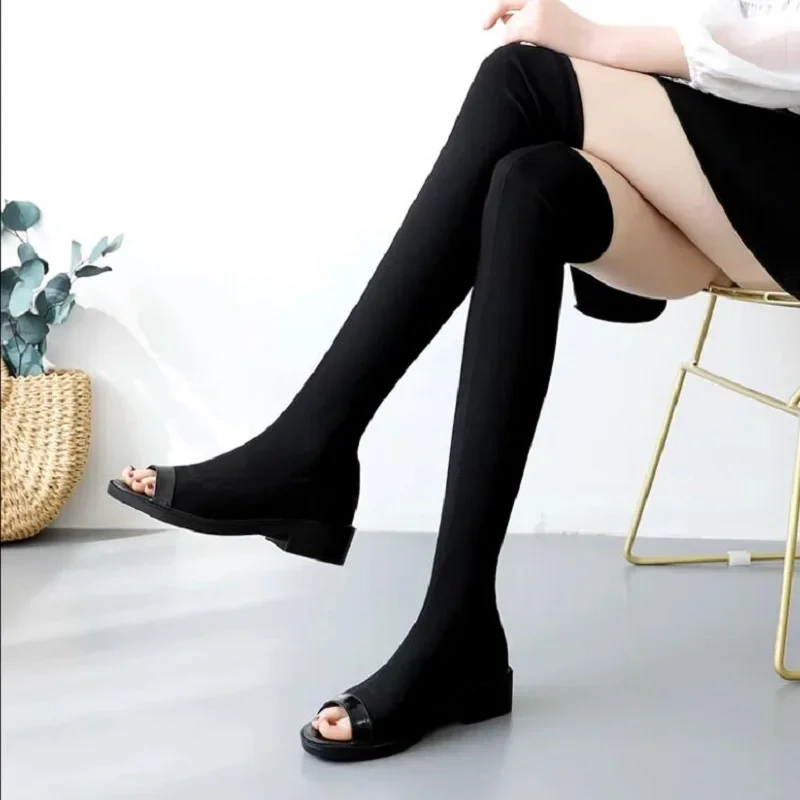 Spring Summer Autumn New British Style Thick Heels Peep Toe Stretch Fabric Slip-On Women Over-the-Knee Long Gladiator Boots 2412