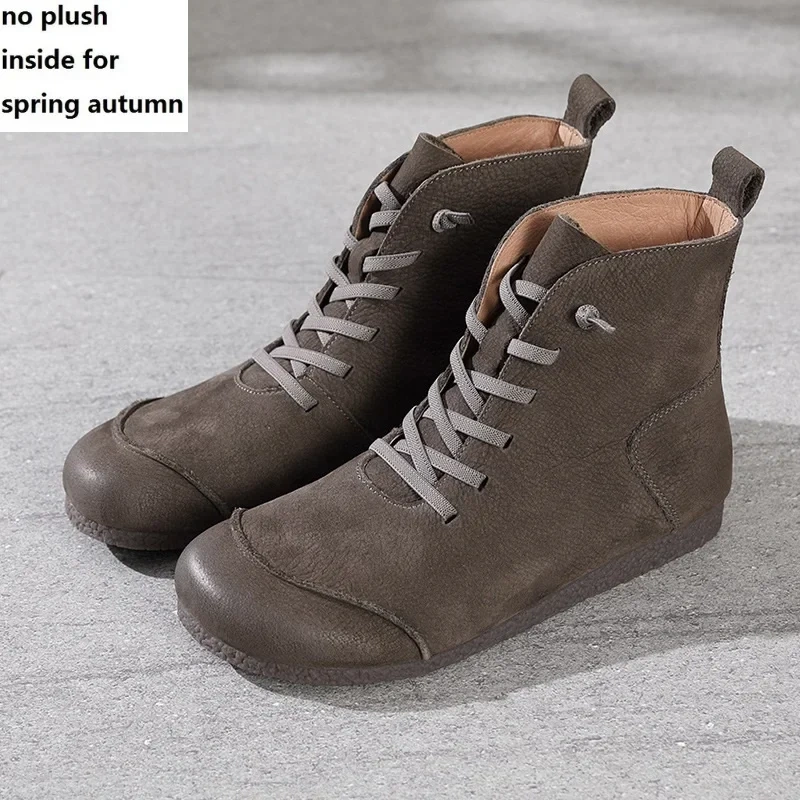 Spring Autumn New Retro Flat Bottom Sewing Cross-tied Patchwork Genuine Leather Women Ankle Short Work Safety Boots Winter Plush
