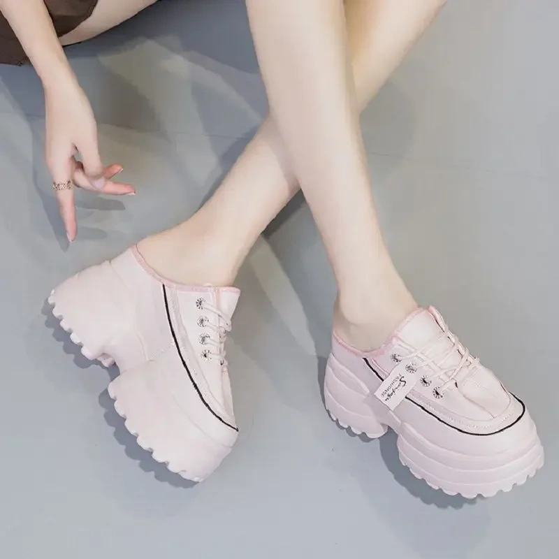 Summer New Outside Fashion Slim Super High Heels Platform Cover Toe Cross-tied Genuine Leather Women Modern Slippers 2305