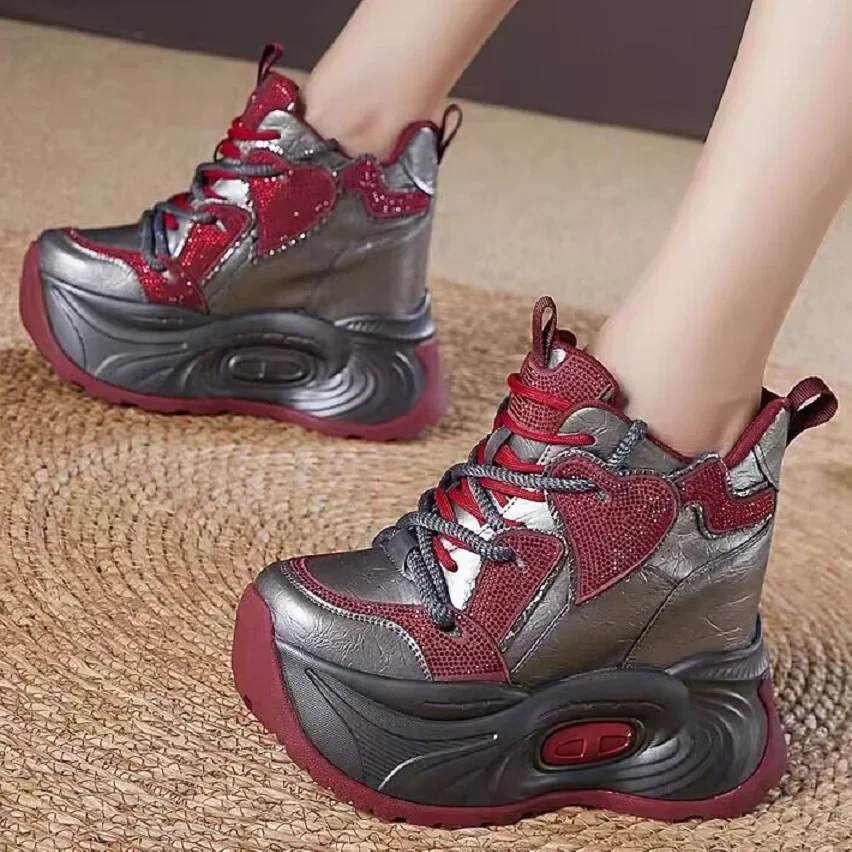 Spring Autumn New Leisure Slim Height Internal Platform Bling Crystal Lace-Up Genuine Leather Women Casual Shoes Sneakers 2411