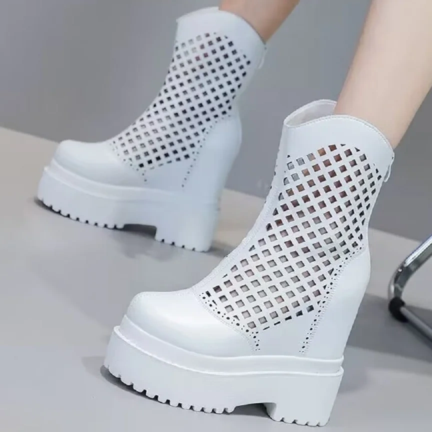 Summer New Slim Height Increasing Platform Wedges Cover Toe Hollow Genuine Leather Zipper Women Mid-Calf Modern Boots 2412