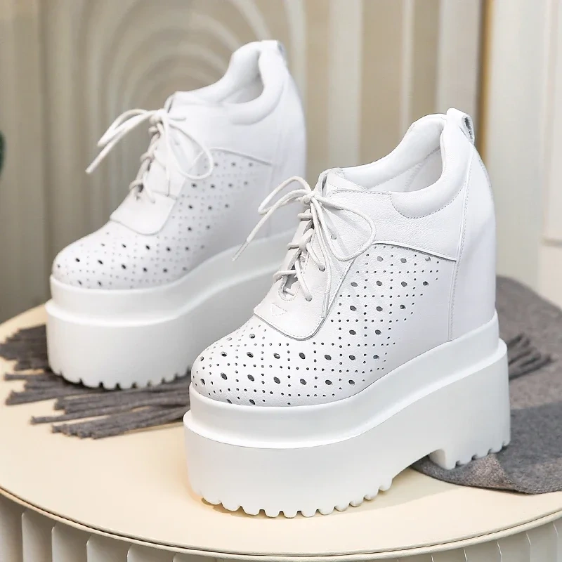 Spring Summer Autumn New Fashion Slim Height Increasing Platform Hollow Cross-tied Genuine Leather Women Casual Shoes Sneakers