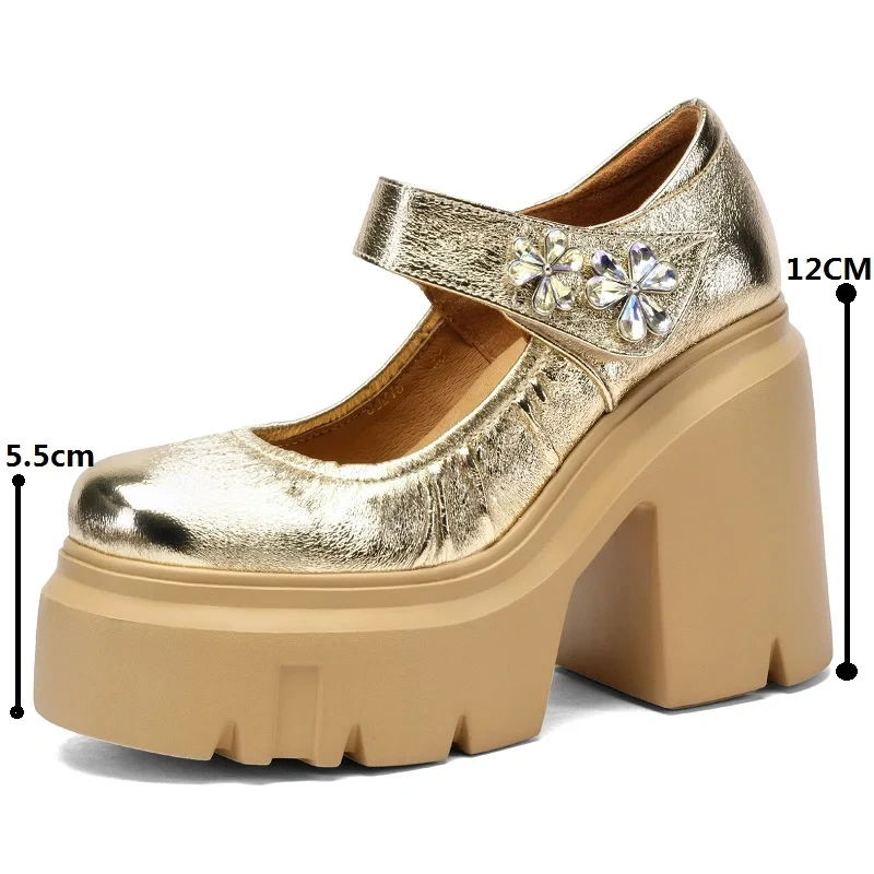 Ladies New Spring Summer 12 CM Chunky Heel Platform Crystal Flower Shoes Pleated Shallow Mouth Genuine Leather Sandals 50220