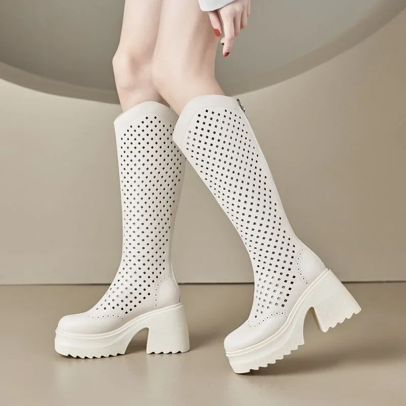 Summer New Fashion Thick High Heels Platform Back Zipper Cut Out Breathable Genuine Leather Women Knee-High Long Modern Boots 60207