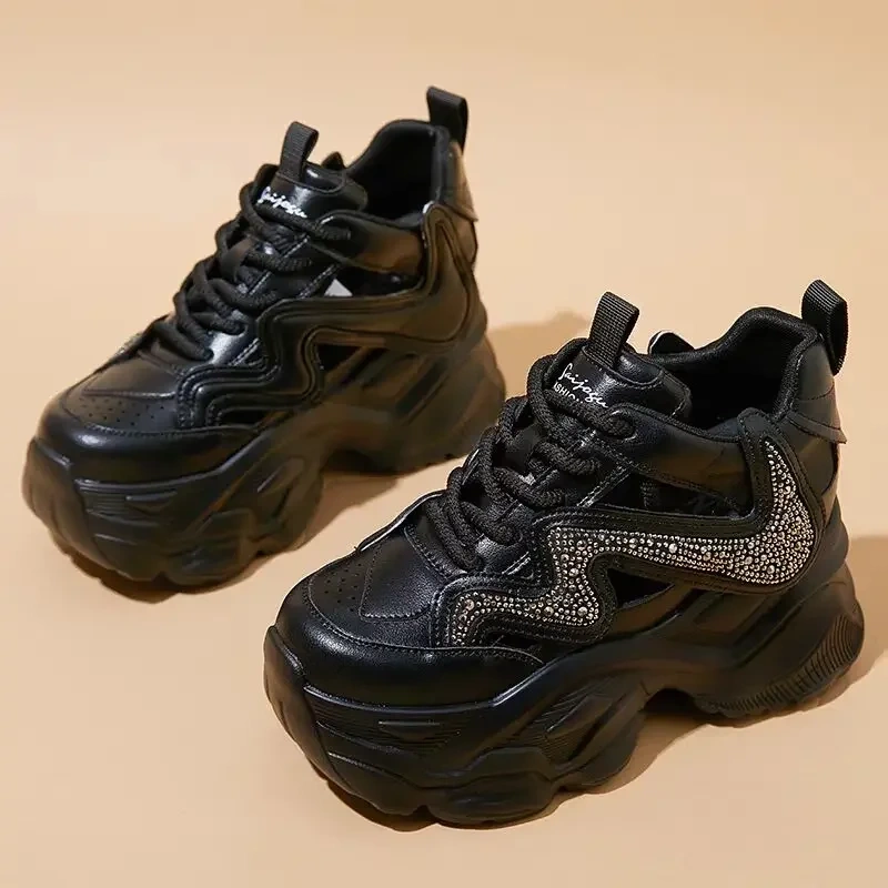 Summer New Korean Style Leisure Height Increasing Platform Crystal Cut Out Lace-Up Genuine Leather Women Casual Shoes Sneakers