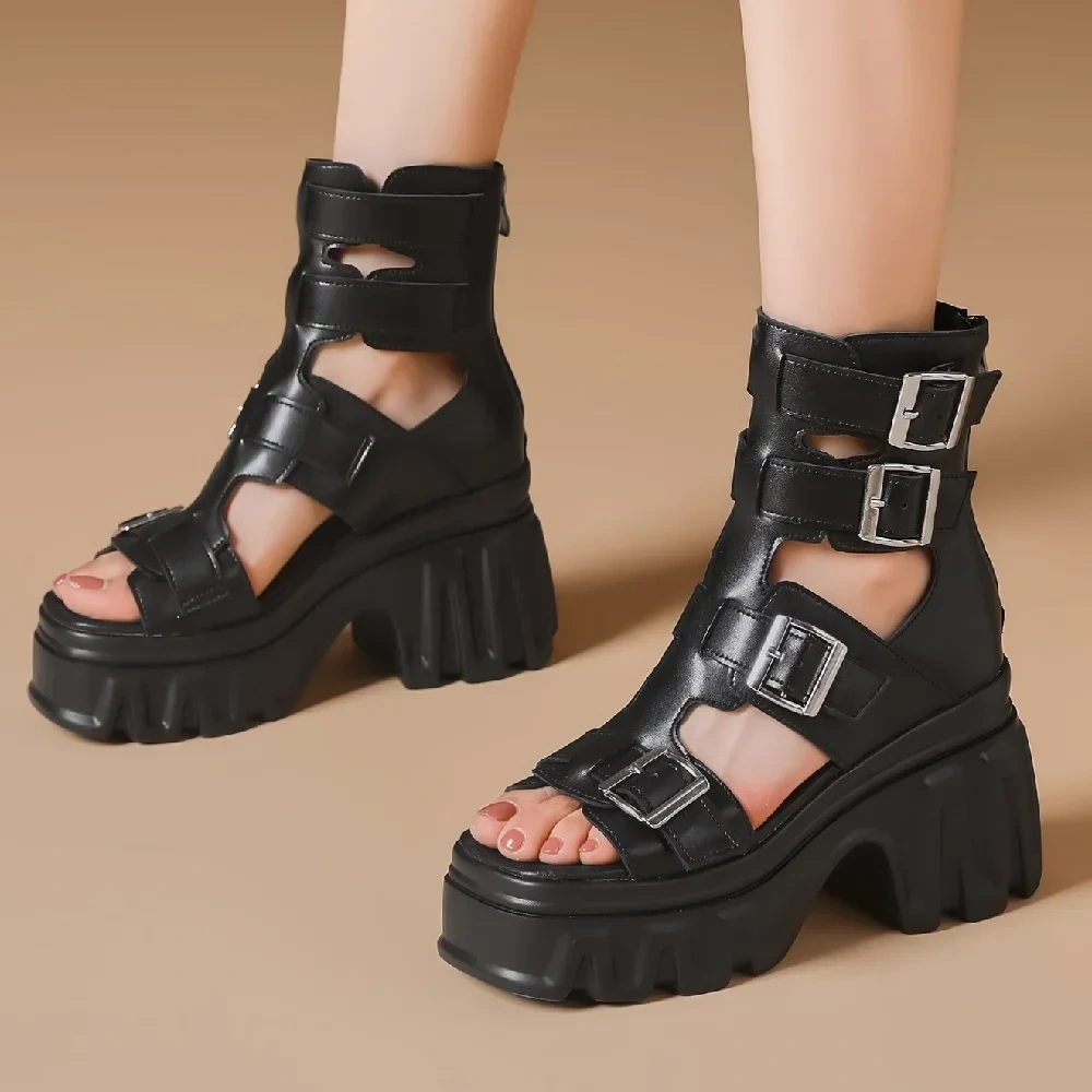 Summer New British Style Retro Super High Heels Platform Hollow Peep Toe Buckle Genuine Leather Zipper Women High Top Rome Boots