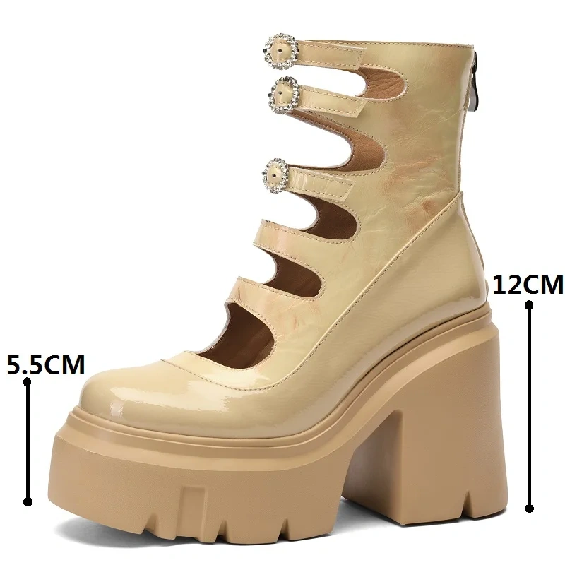 Women 12 CM Heel New Crystal Belt Buckle Spring Autumn Boots Real Leather Hollow Out Rome Splicing Stitching Design Pumps 50220