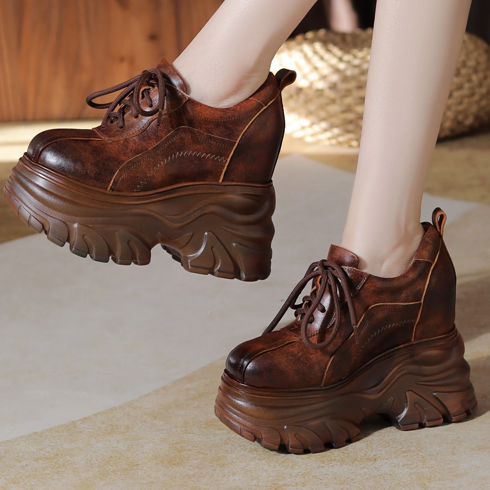Spring Autumn New Retro Slim Height Increasing Platform Square Toe Sewing Genuine Leather Lace-Up Women Pumps Ladies Sneakers