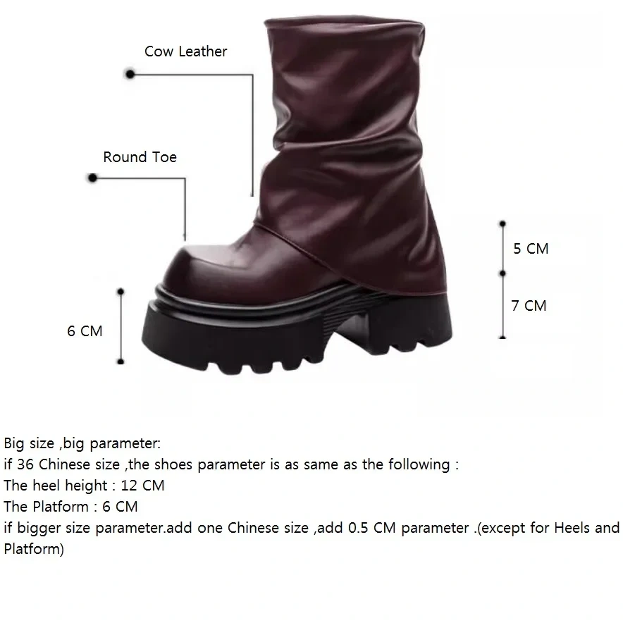 Spring Autumn New British Style Retro Height Internal Platform Square Toe Pleated Genuine Leather Women Mid-Calf Foldover Boots