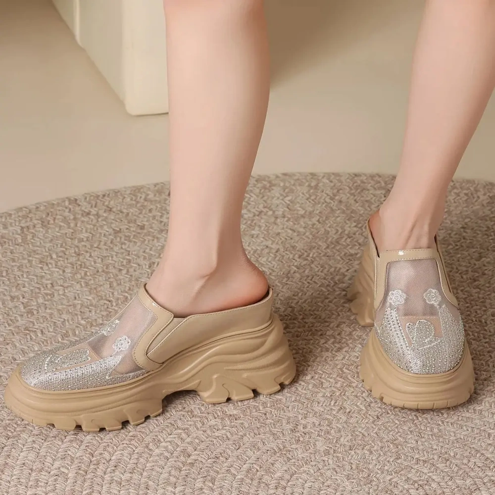 Women 12 CM Wedge Platform Spring Summer Real Leather loafers Semi Slippers Crystal Mesh Hollow Out Breathable Sandals 50221
