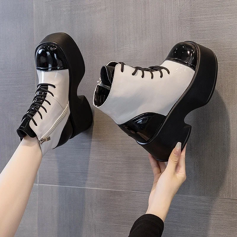 Spring Autumn Slim Height Increasing Platform Cross-tied Mixed Colors Patent Leather Women Ankle Short Modern Boots Winter Plush