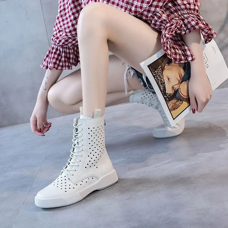 Summer Women Genuine Leather Cut Out Fashion Lace Up Platform Single Shoes Round Toe Breathable Concise Short Boots 230302