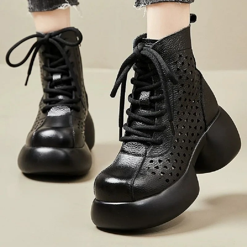 Summer Retro 7 CM Thick High Heels Platform Hollow Breathable Cross-tied Genuine Leather Women Ankle Short Casual Boots 50113