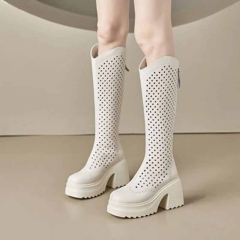 Summer New Fashion Thick High Heels Platform Cut Out Hollow Breathable Genuine Leather Women Knee-High Long Modern Boots 2304