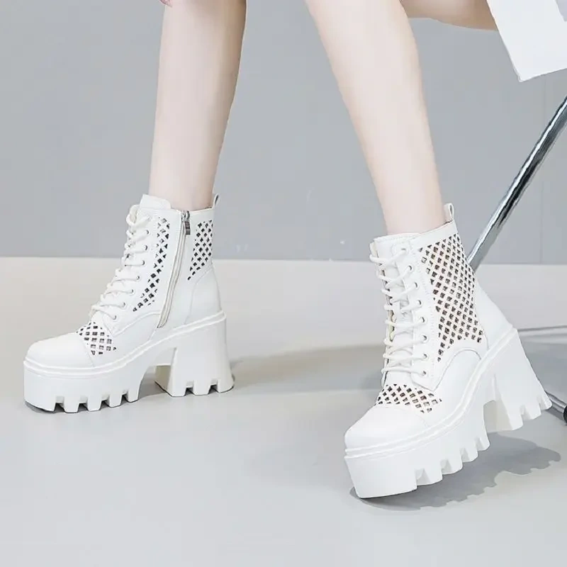 Summer New Fashion Slim Height Increasing Platform Cross-tied Hollow Zipper Genuine Leather Women High Top Modern Boots 2412