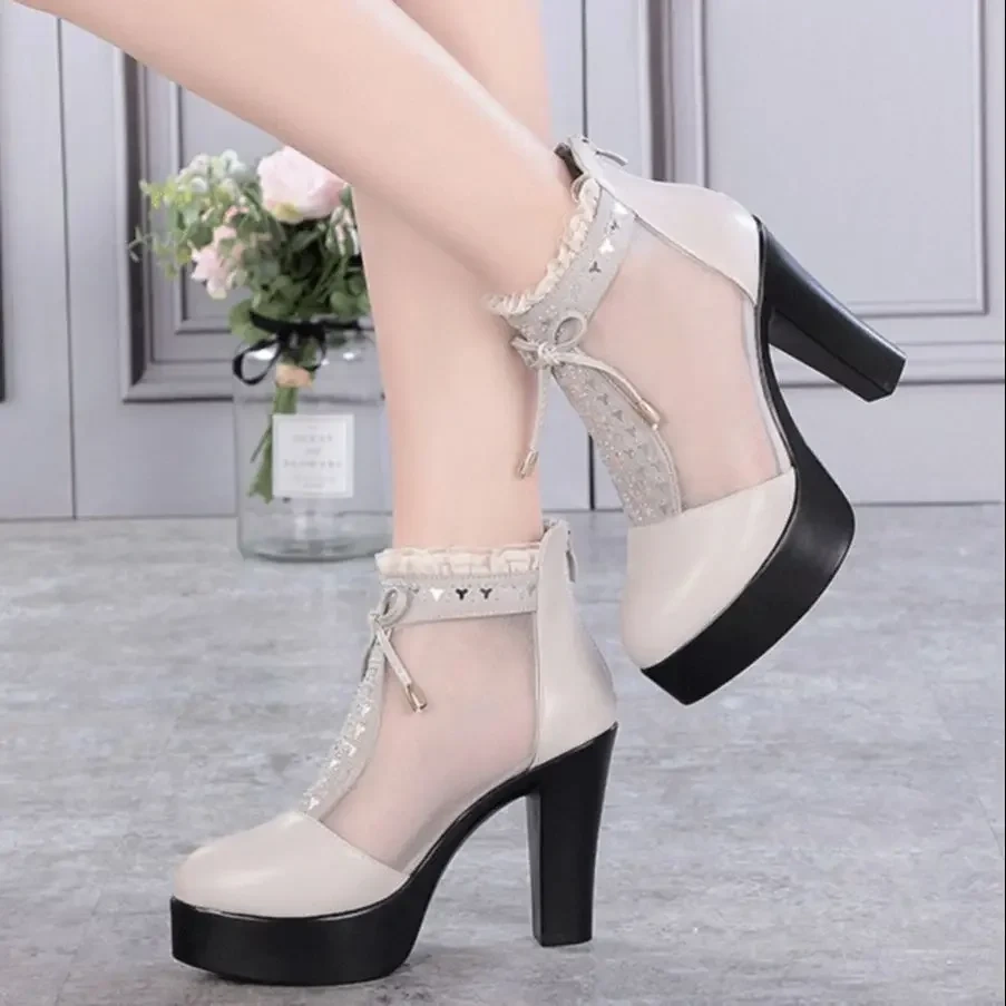 Summer New Fashion Thick High Heels Platform Bowknot Bling Crystal Cut Out Mesh Genuine Leather Women Ankle Short Modern Boots