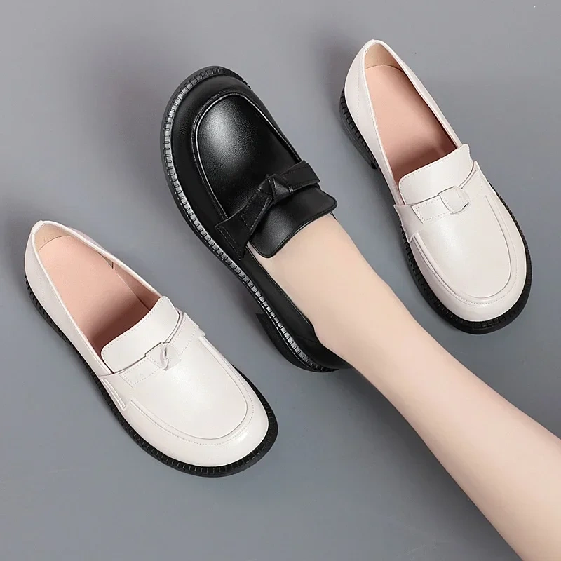 Women Loafers Spring Autumn British Style Retro Thick Heels Shallow Bowknot Sewing Plus Size 42 43 Genuine Leather Ladies Pumps