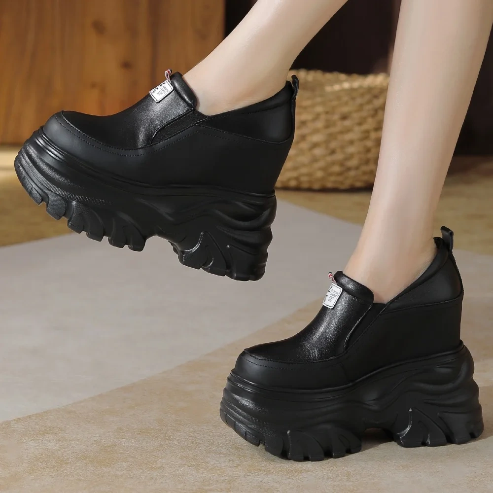 Korean Style New Slim Height Increasing Platform Round Toe Mixed Colors Genuine Leather Slip-On Women Casual Pumps Shoes 2407