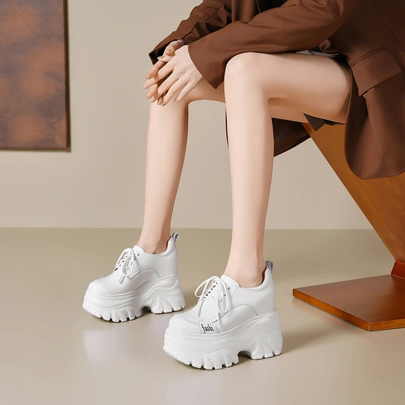 Women Spring Autumn New 12 CM Thick Sole Wedge Heel Casual Shoes Genuine Leather Lace Up Platform Loafers 50219