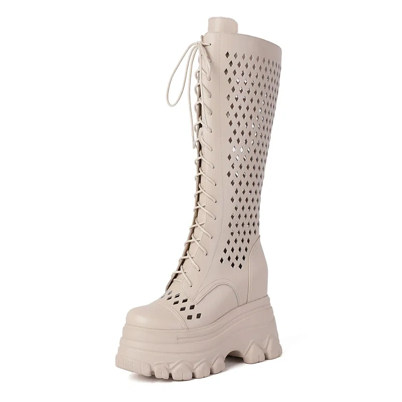 Summer New Slim Height Increasing Platform Hollow Cross-tied Genuine Leather Zipper Women Knee-High Long Modern Boots 2411