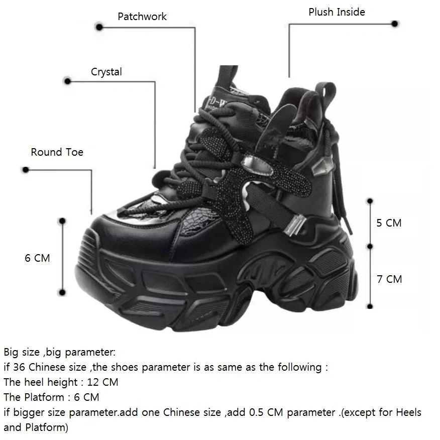 Winter New Leisure Height Internal Platform Crystal Bling Plush Inside Lace-Up Genuine Leather Women Casual Shoes Sneakers 2411