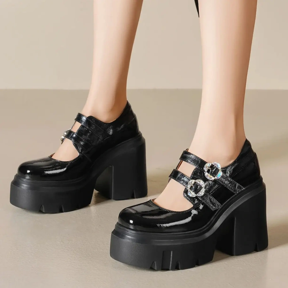 Women 12 CM Chunky Heel Shallow Mouth Spring Summer Real Leather Mary Jane Shoes Rhinestone Buckle Apricot Comfort Pumps 50220