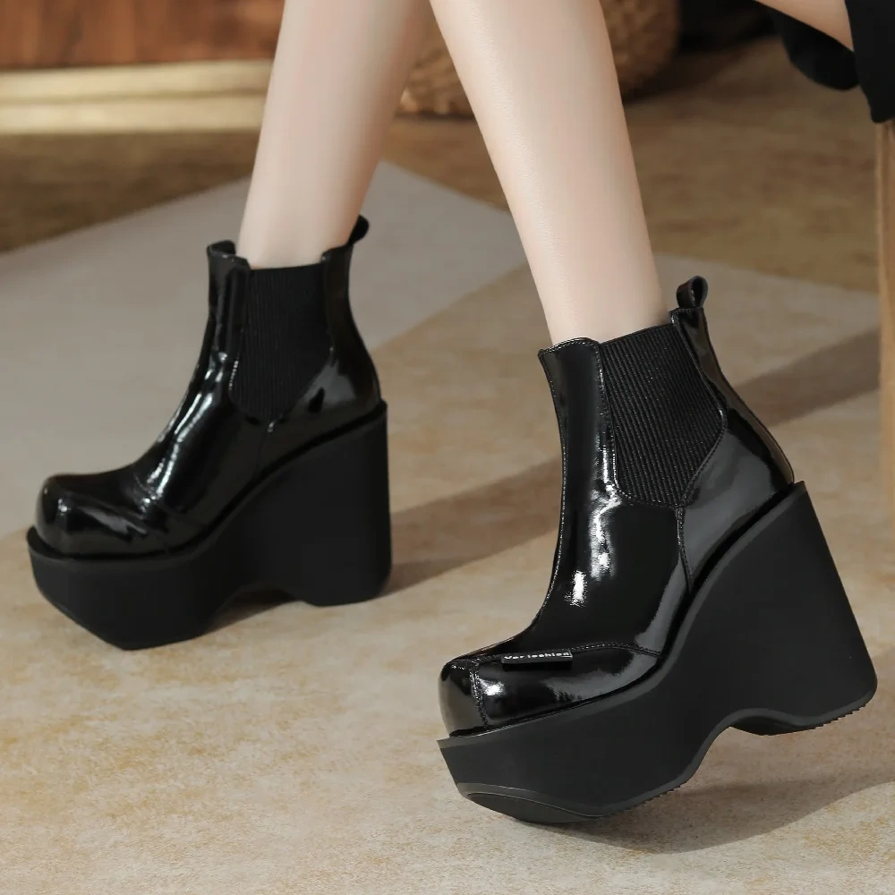 Spring Autumn Winter New British Style Slim 12CM High Heels Wedges Platform Slip-On Cow Leather Women Ankle Short Chelsea Boots