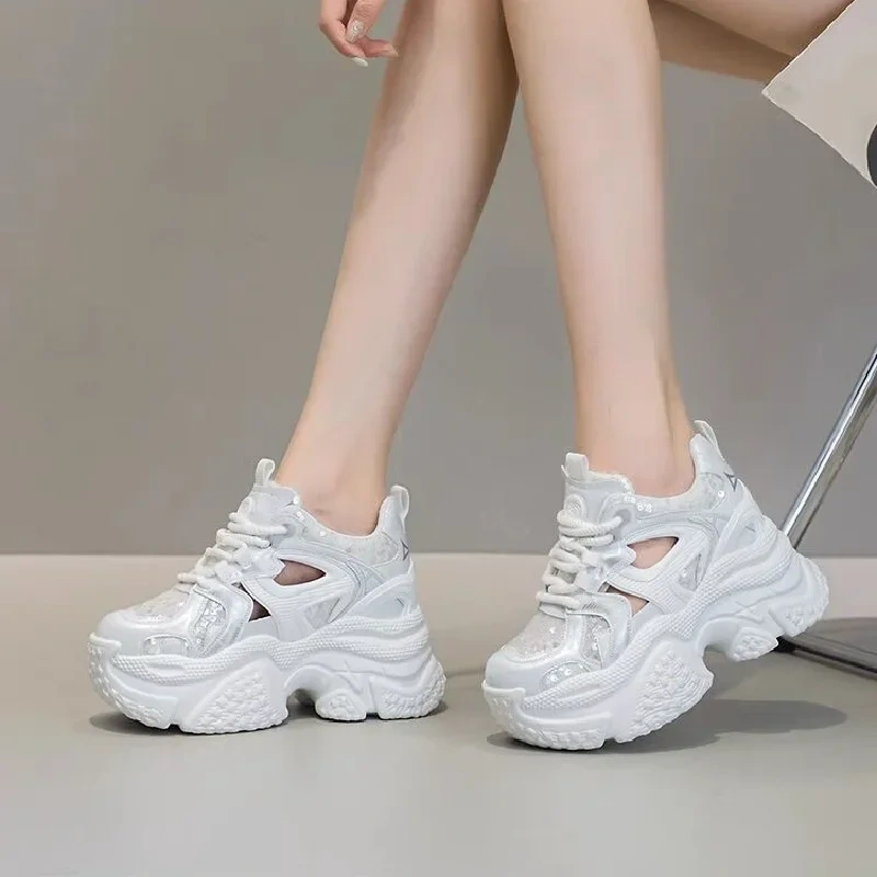 Summer New Korean Style Slim Height Increasing Platform Crystal Hollow Cross-tied Genuine Leather Women Modern Pumps 2411