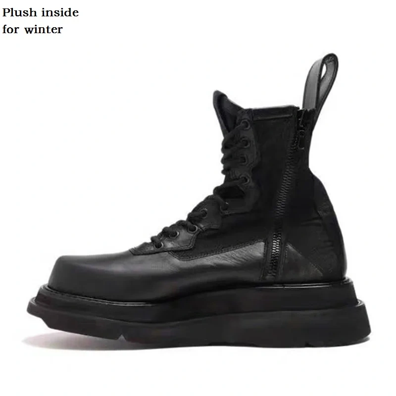 Spring Autumn Retro Chunky Sole Platform Cross-tied Genuine Leather Zipper Men High Top Motorcycle Boots Winter Plush 2412